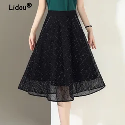 Bright Silk Mesh Half Length Skirt Women's Summer 2023 New Pleated Draped High Waist A-line Thin Plaid Umbrella Skirt