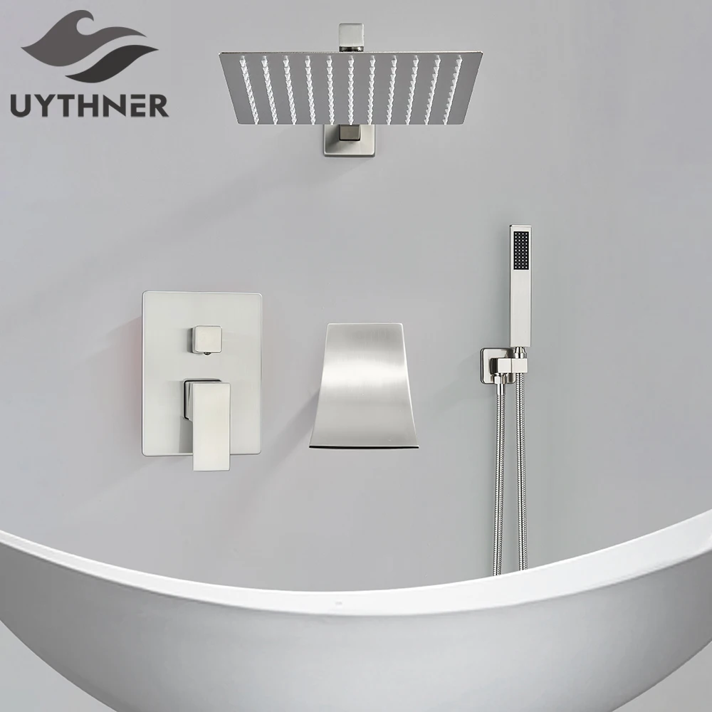 

Brushed Nickle Bathroom Shower Faucet Rainfall Shower Head Wall Mounted Bathtub Mixer Tap Bath Shower Set Waterfall Spout