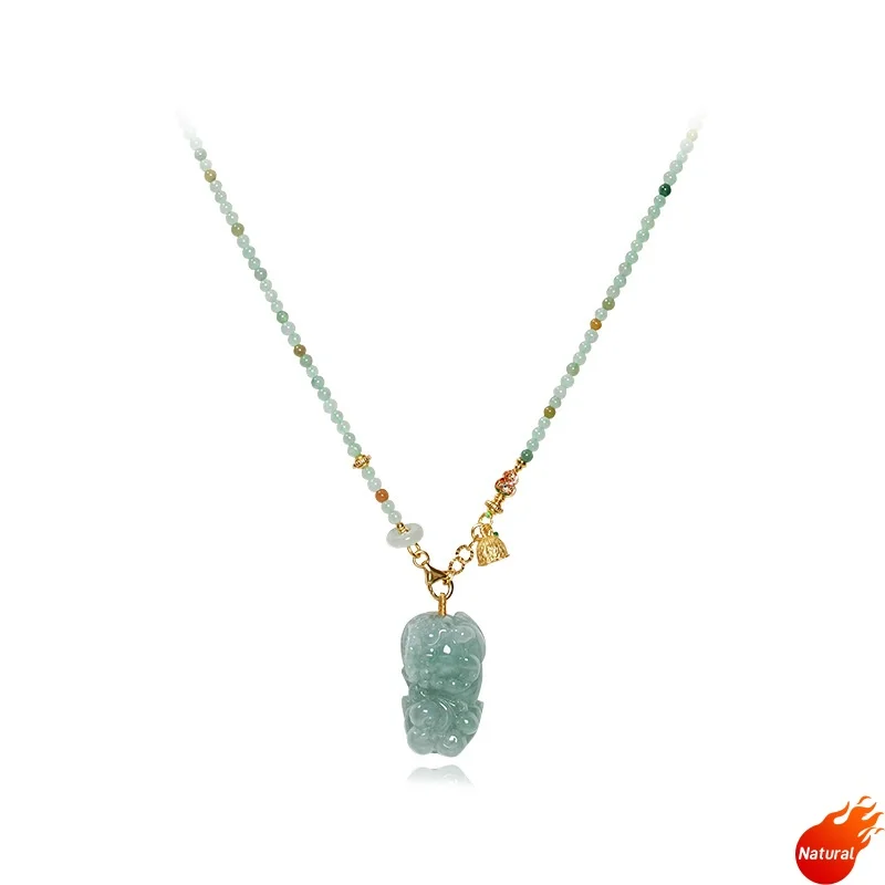 

Natural ICy-Type A Jadeited Pixiu Pendant Necklace for Women Jadeite Beaded-chain Gilded Enamel Gourd Necklet Jewelry Wholesale