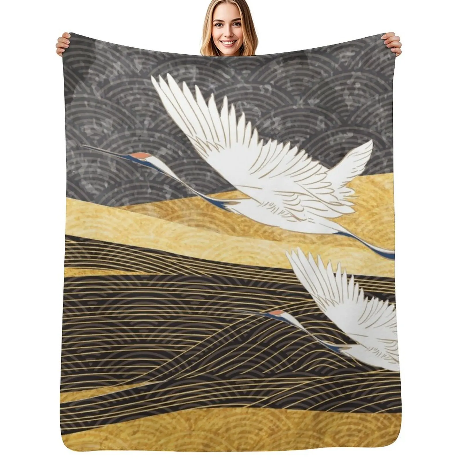 golden japanese cranes Throw Blanket Thin Soft Blanket for Summer Night Sleeping