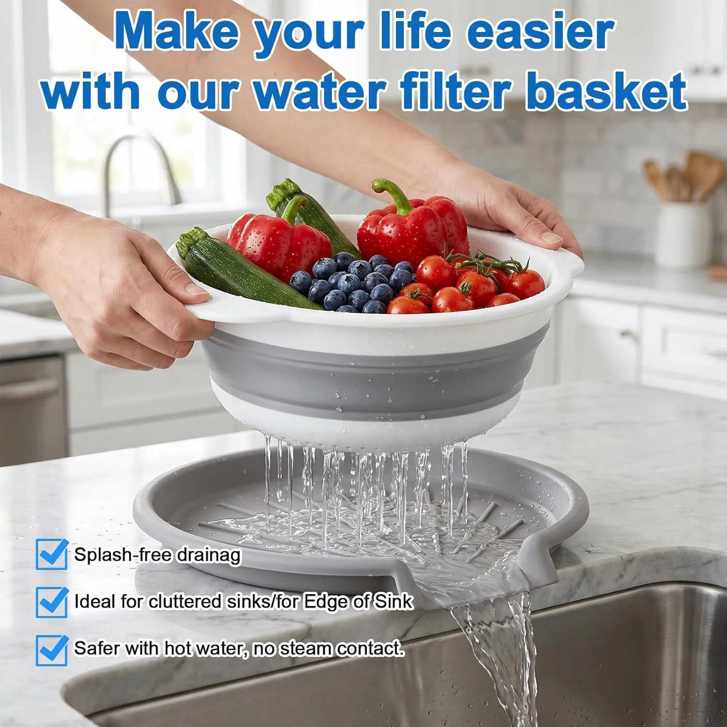 Collapsible Colander Set with Draining Base Food-Grade Silicone Kitchen Strainer D-Handle Basket for Pasta Fruits Vegetables