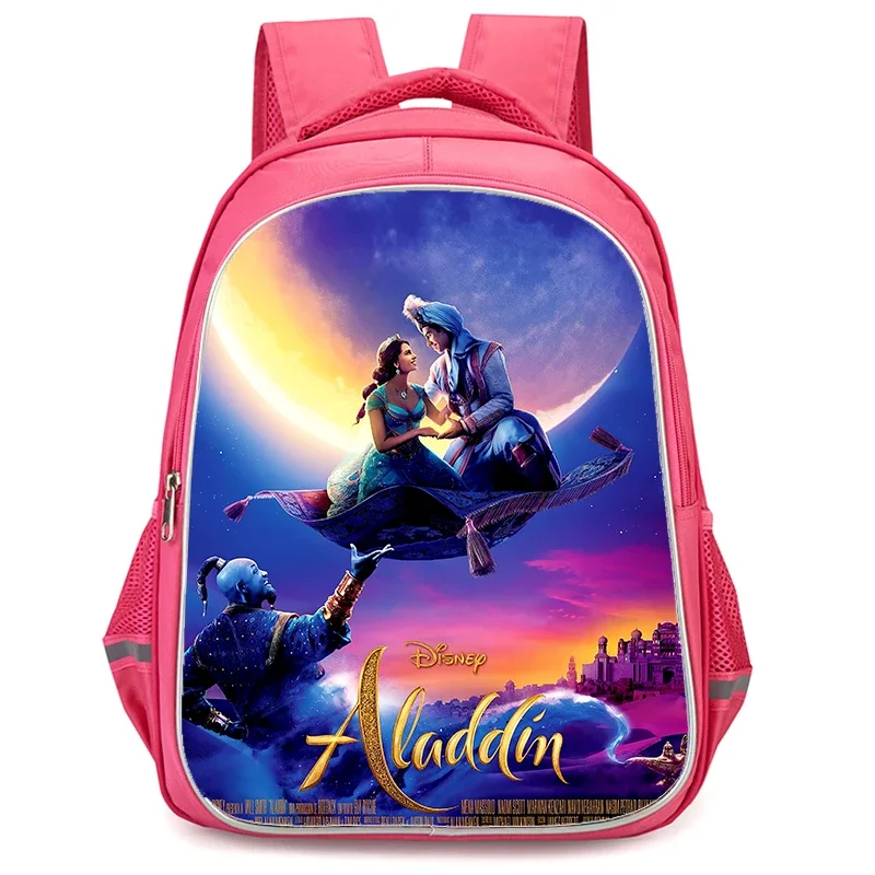 Mochilas escolares Aladino de 16 pulgadas con doble bolsillo con cremallera, mochila rosa de dibujos animados para niños y niñas, bolsas duraderas para estudiantes de alumnos