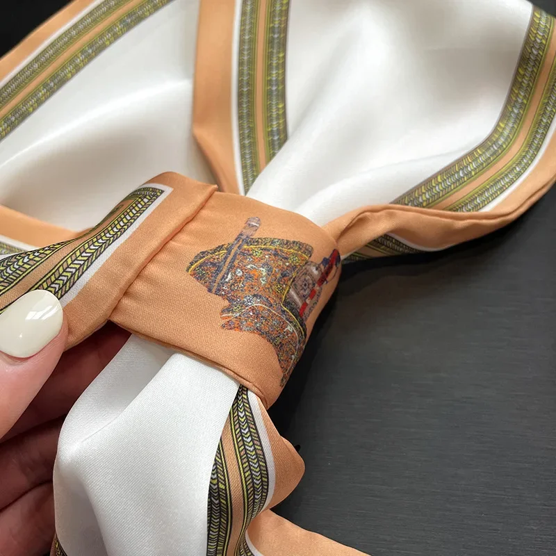 Шелковые шарфы в ретро-стиле для женщин, офисный платок, шейный платок с ручкой, Мягкая атласная лента, Подарочный головной платок