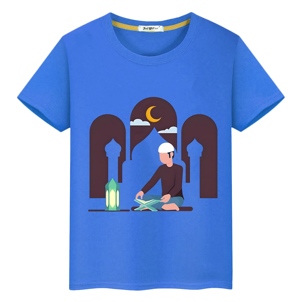 

Happy Ramadan Mubarak Print T-Shirt Anime Tees Boys Muslim Tops Kids With Moon Ramadan Kareem Clothe Festive Outfit y2k clothes