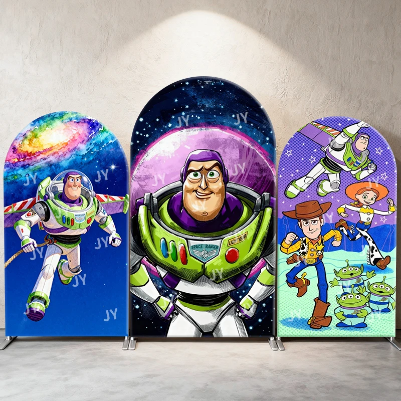 

Toy Story Arch Backdrop Cover Space Galaxy Buzz Woody Jessie Aliens Scene Kids Birthday Baby Shower Photo Booth Decor Background