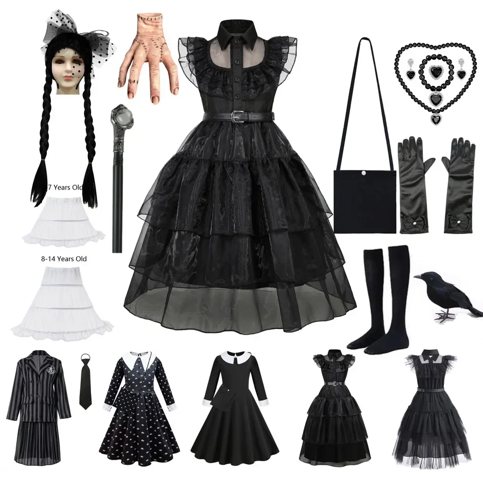 W-Wednesday Cosplay Black Dresses Addams Costume Halloween Kids Dressup