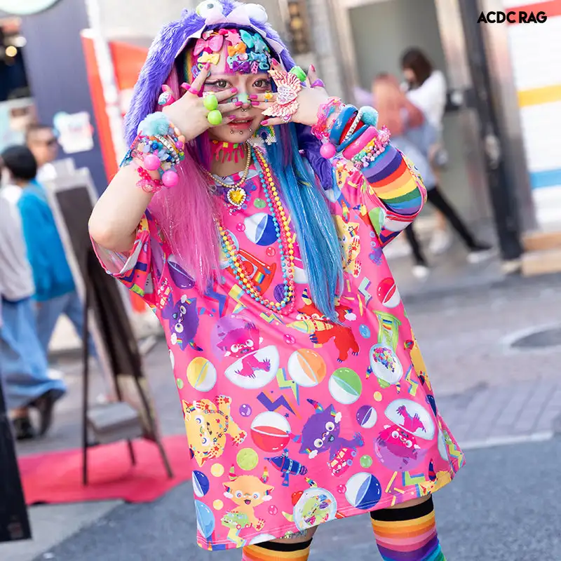 Harajuku Decoration Fashion T-shirt Pink Color Cartoon Monster Print Loose Japanese Y2K Street Dress Adult Children