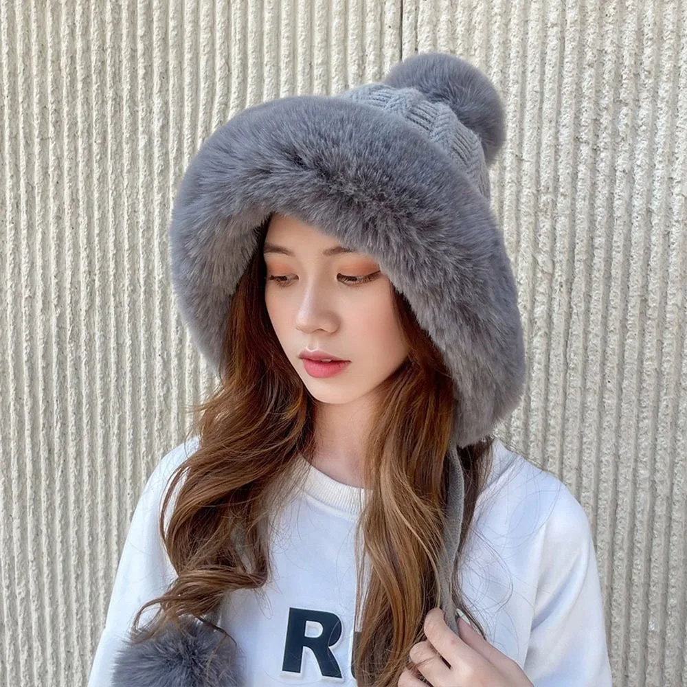 

Casual Windproof Knitted Plush Hat Thickened Keep Warm Ear Protection Hat Coldproof Beanies Cap Outdoor Cycling