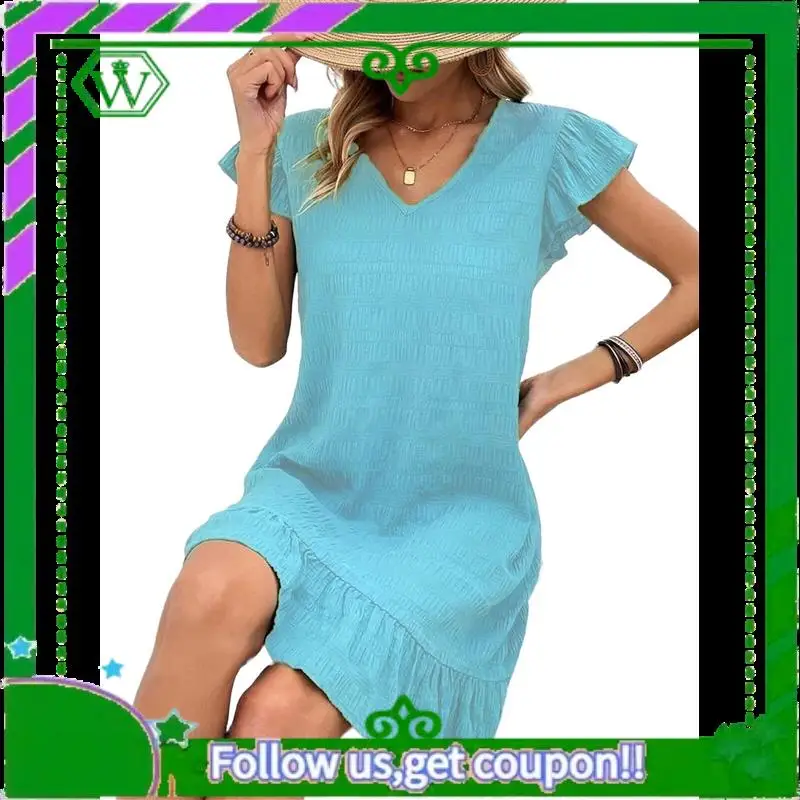 A18P-Summer Dresses For Women V Neck Cap Sleeve Ruffle Hem Smock Short Dress
