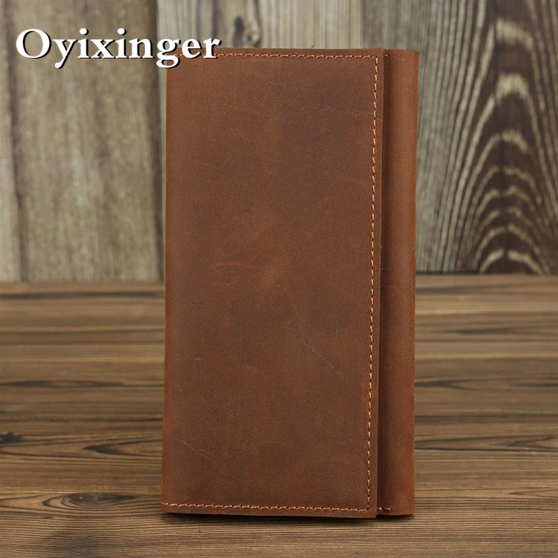 

OYIXINGER Retro Handmade Men's Long Wallet Crazy Horse Cowhide Coin Purse New Solid Color Genuine Leather Passport Mobile Bag