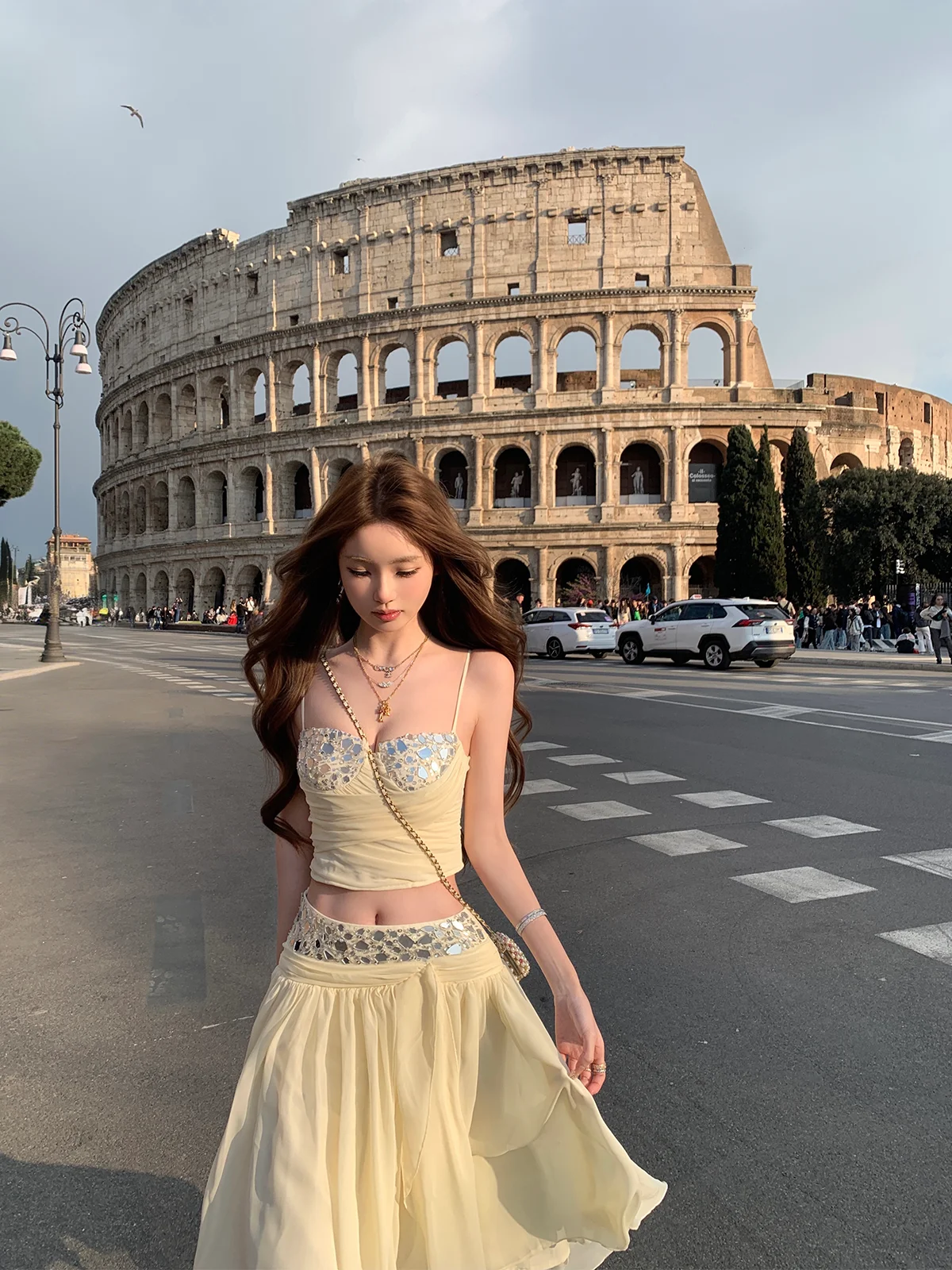 

Lanlan's Wardrobe Diamond Set Women's Fashion Outfit Asymmetrical Skirt V-neck Sleeveless High Waist Breathable Summer Suit