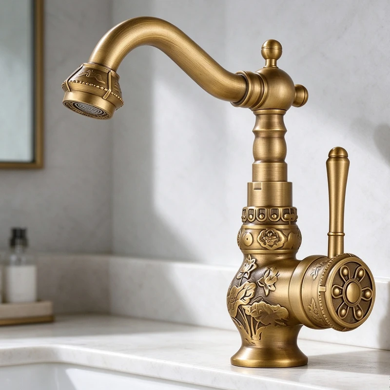 Luxury European-style vintage copper-plated floral tap for domestic washbasin Single-hole basin mixer with hot/cold swivel spout