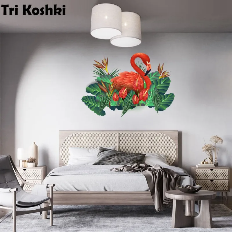 Tri koshki RC019 Flamingo Bird and Tropical Flowers Wall Sticker Waterproof PVC Decoration Door Living Room Kids Room