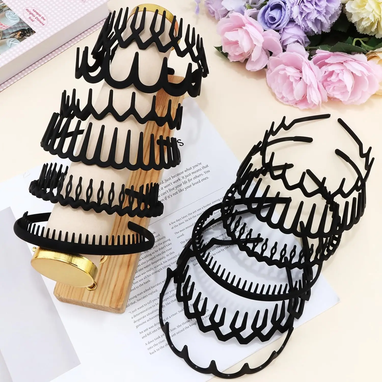 12Pcs Black Zigzag Headbands with Teeth for Women's Hair Non Slip, Plastic Wavy Skinny Head Bands Comb Fashion Hair Accessories