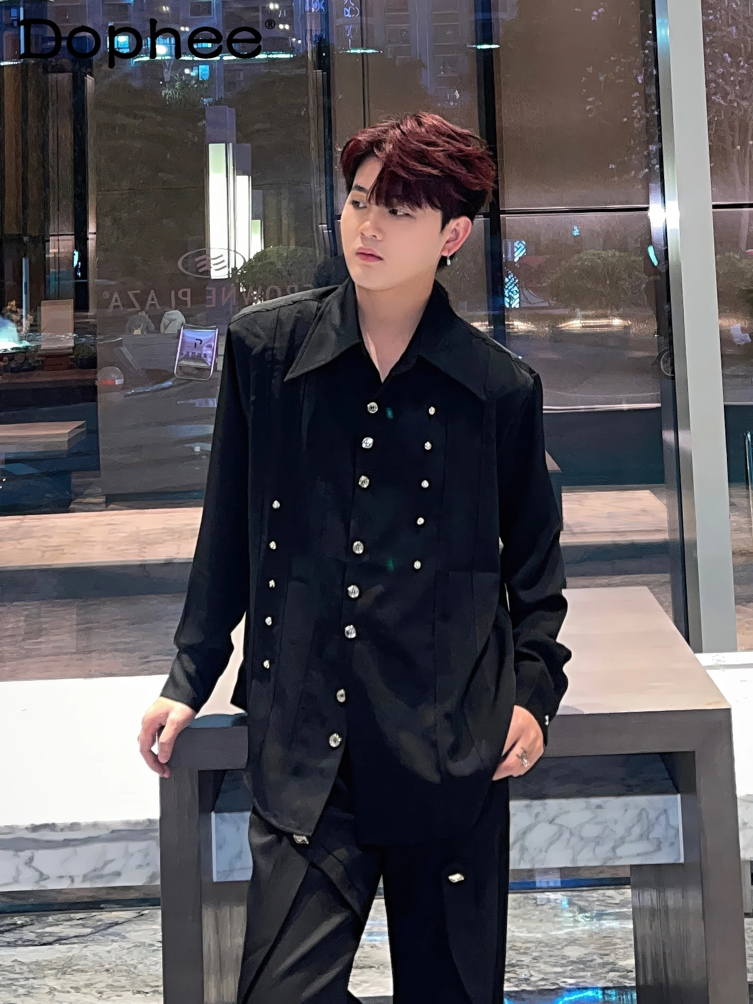 

Korean Fashion Trendy Men's Lapel White Long-sleeved Shirt Handsome Men's Design Sense Loose Casual Shirt Shoulder Pads