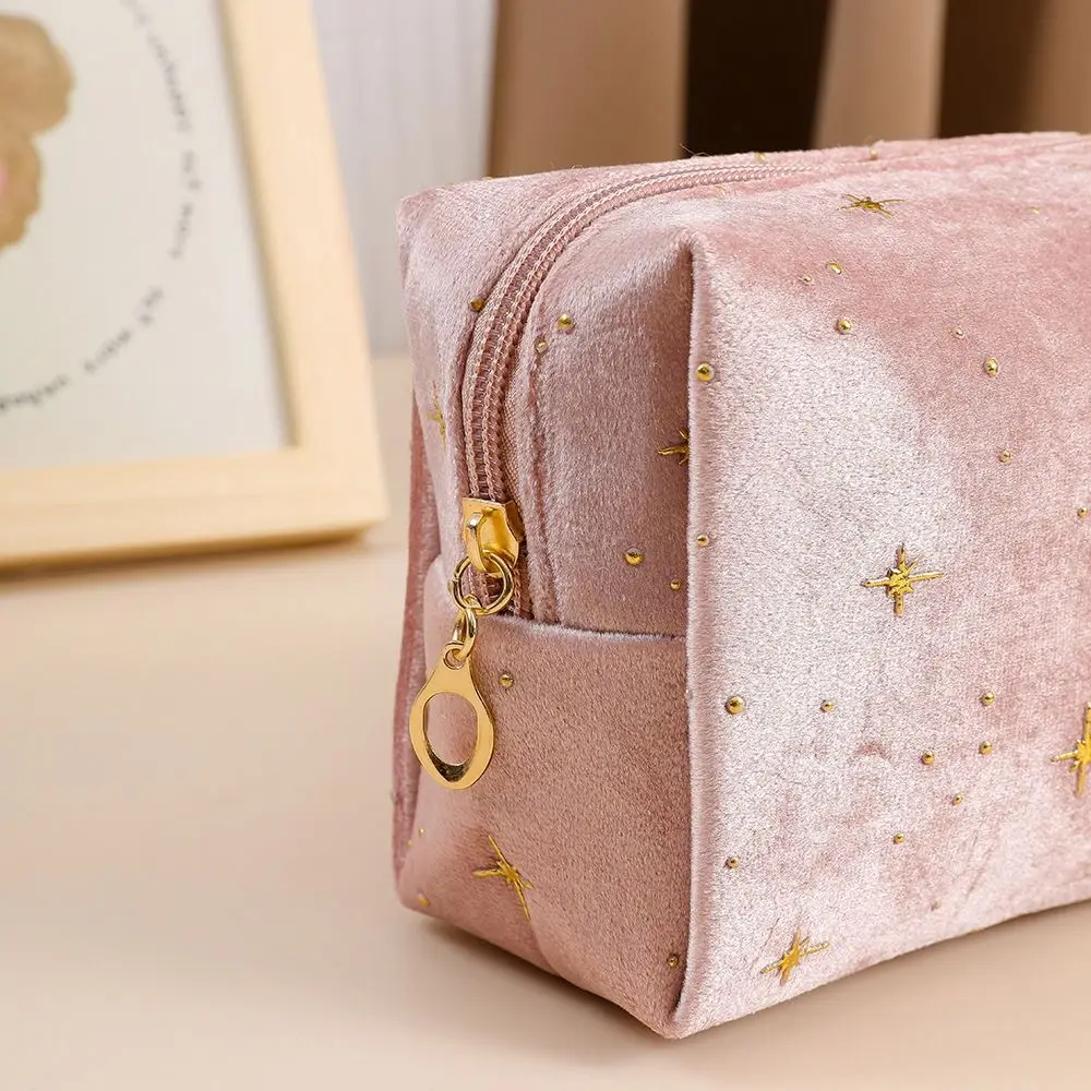 High Quality Portable Cosmetic Bag Soft Velvet Hot stamping star pattern Make Up Storage Bag with Zipper Women Toiletry Bag
