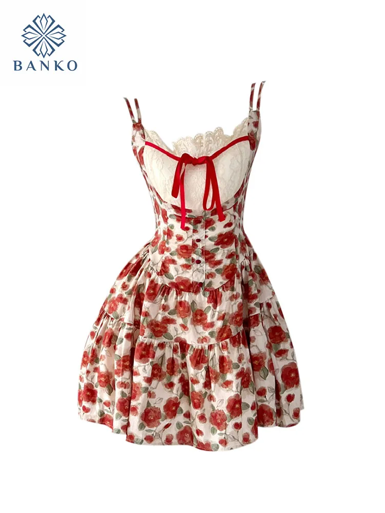 

Harajuku Cozy Floral Dress Sleeveless Red Elegant Spaghetti Strap Dress Print Sexy Sweet Lace Frocks Romantic Streetwear Banquet