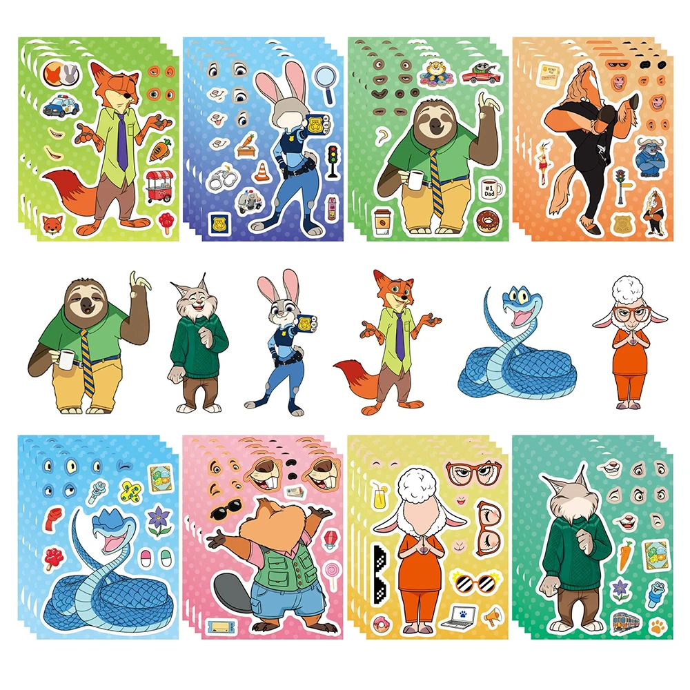 8/16sheets Disney Cute Zootopia 2 Cartoon Puzzle Stickers Make a Face DIY Funny Party Game Assemble Jigsaw Decals Decoration Toy