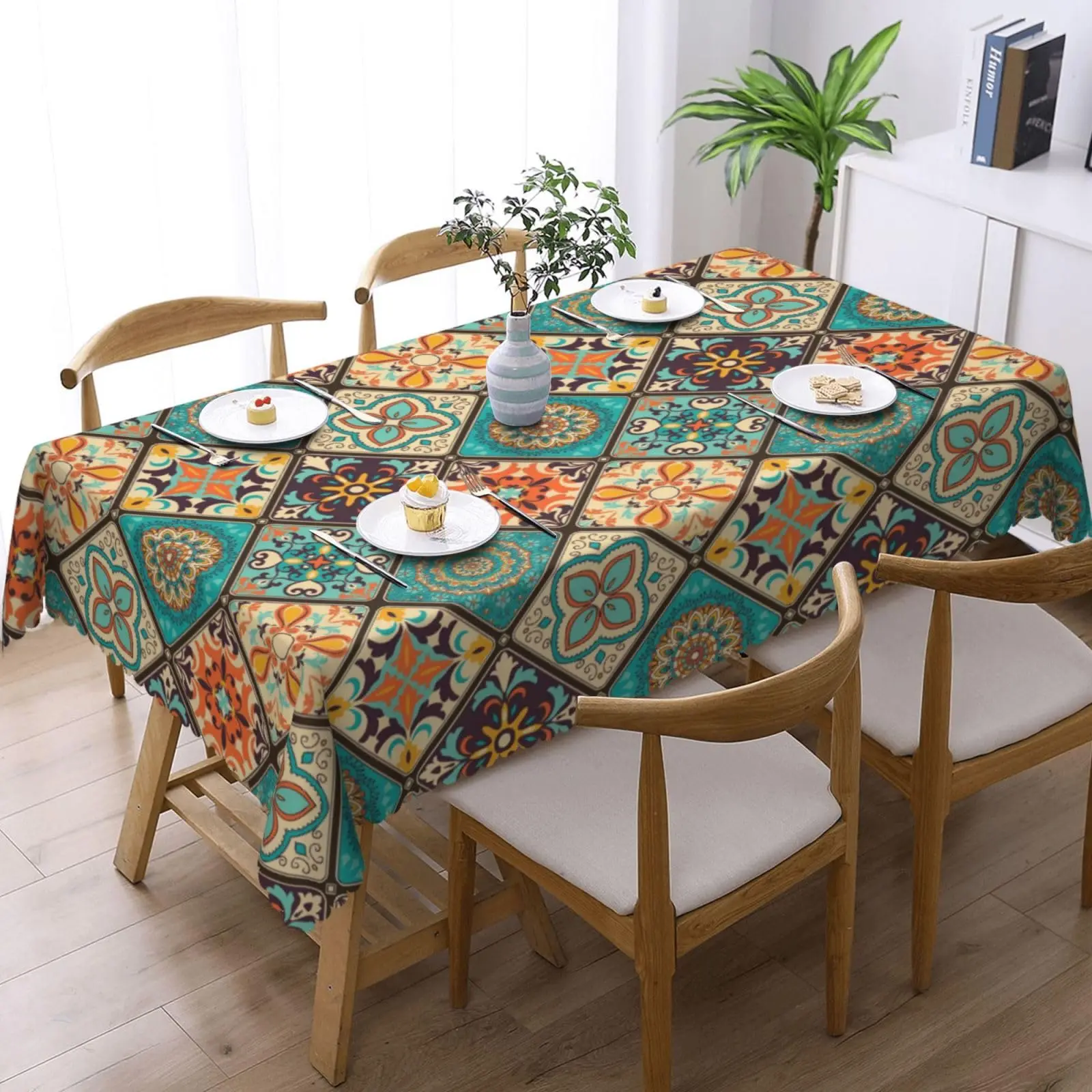 Böhmische Tischdecke mit Blumenmuster, Vintage-Mandala-Tischdecke mit gewelltem Rand, strapazierfähiger gewebter Twill-Stoff für Küche und Esszimmer