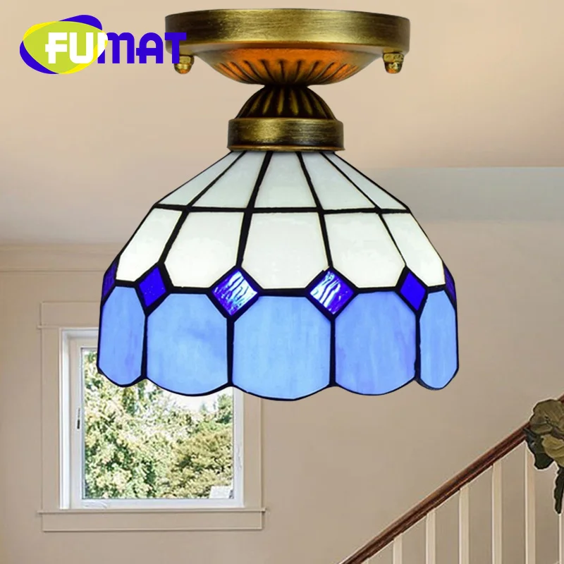 

FUMAT Tiffany style stained glass 8inch Mediterranean blue lattice ceiling light for bedroom hallway hallway balcony decor