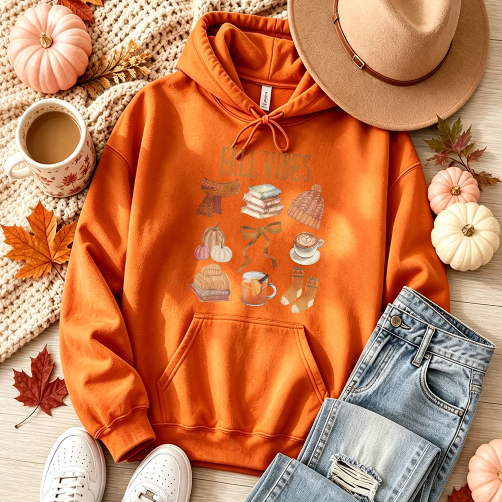 Fall Vibes Autumn Essentials Pullover Pumpkin Coffee Books Scarf Beanie Socks Bow Print Casual Thanksgiving Season Warm Cozy Top