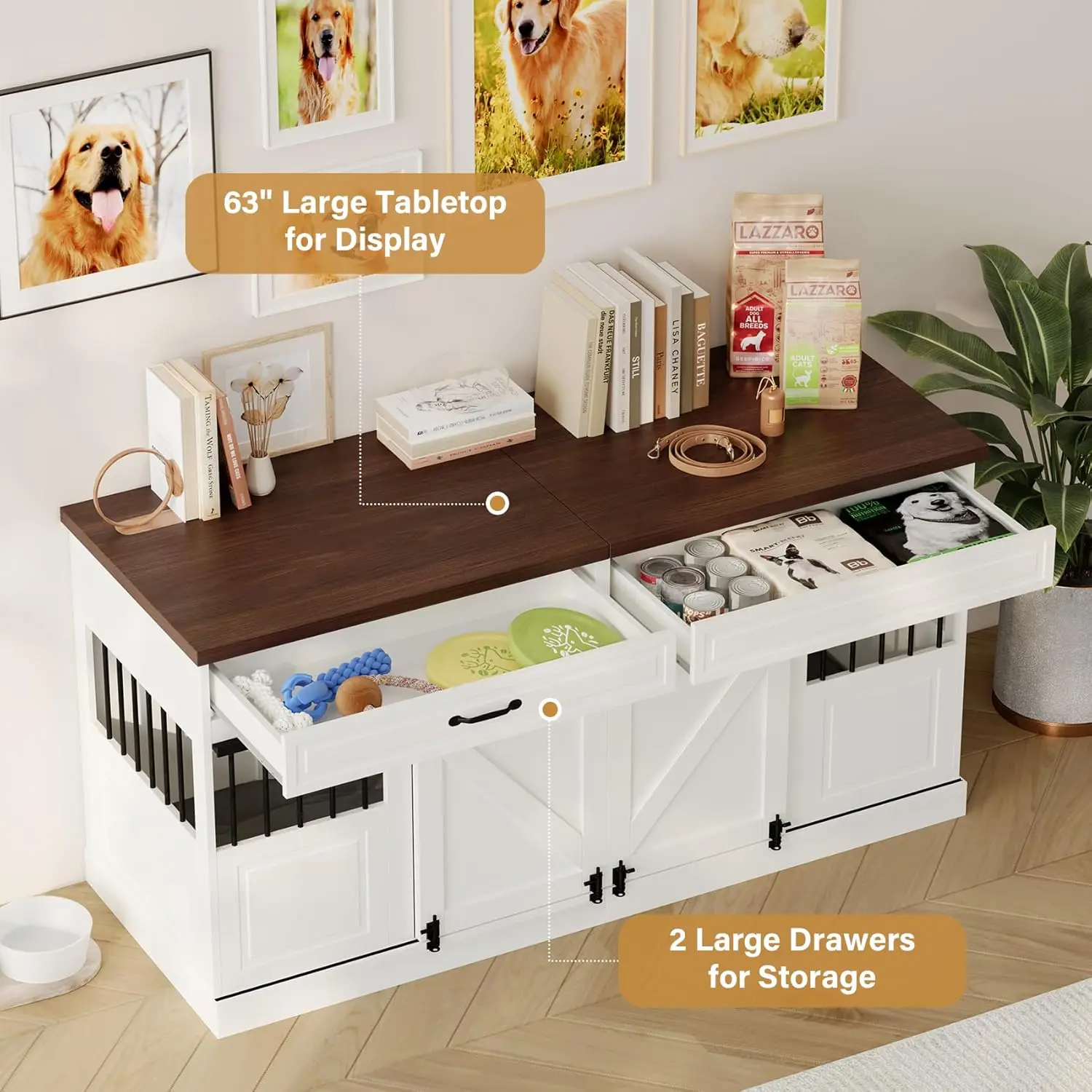 أثاث صندوق الكلاب - أثاث بيت الكلب الخشبي الداخلي للكلاب مع باب الحظيرة المنزلق ومقسم قابل للإزالة، شديد التحمل