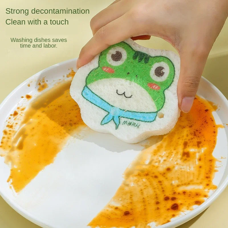 6/4/3pcs Compressed Wood Pulp Sponge Cartoon Dishwashing Sponge Cleaning Sponges Scouring Pad Non-stick Oil Kitchen Sponge Wipe