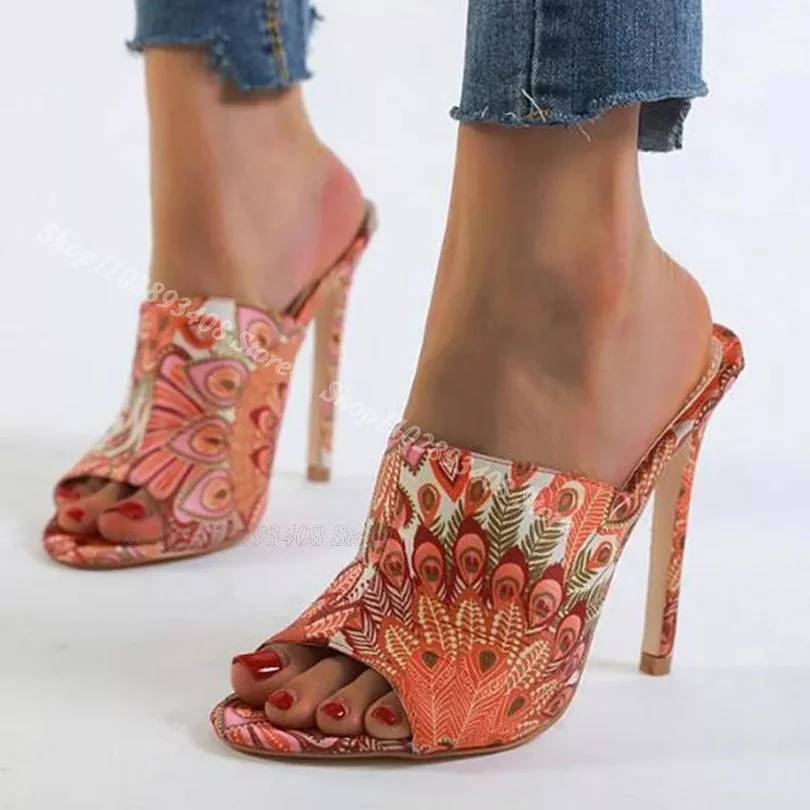 Flower Print Stiletto Slippers Open Toe Comfortable Women Shoes Design for Women Casual Runway Slippers 2024 Zapatos Para Mujere