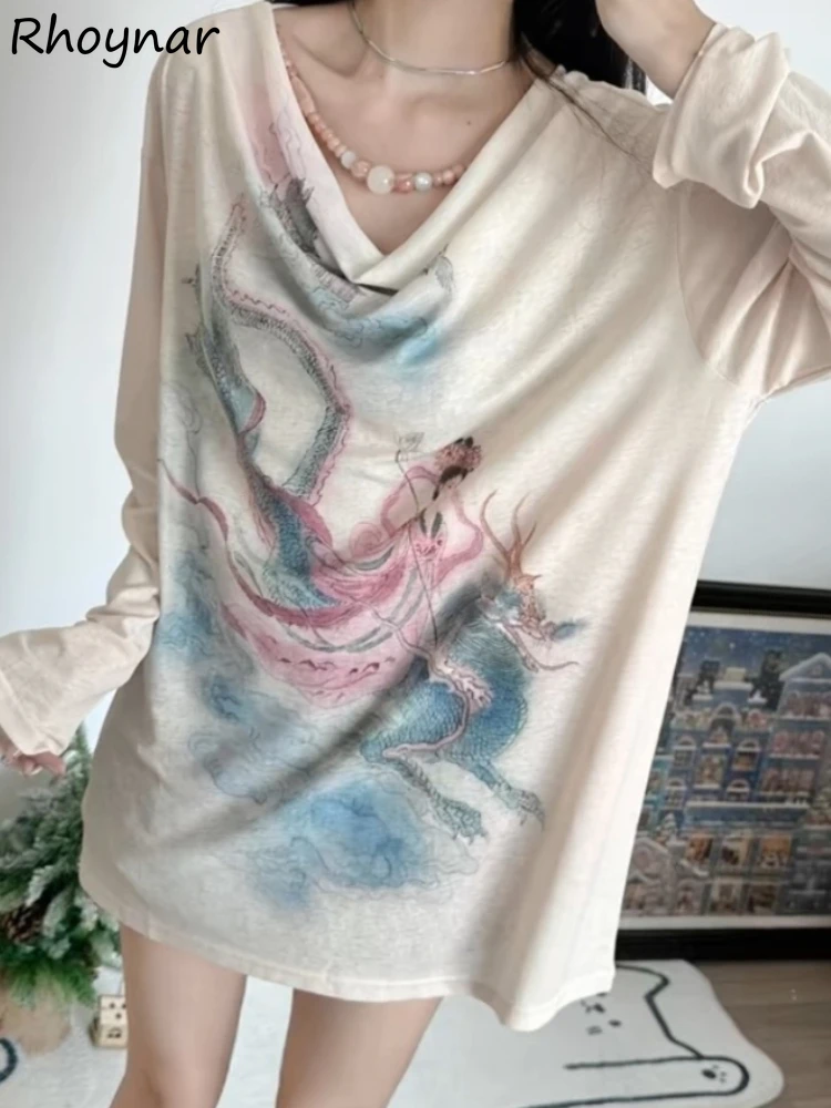 T-shirt a maniche lunghe da donna Patchwork Baggy stampato Chineses Chic Simple Girls Elegante moda All-match Abiti estetici quotidiani