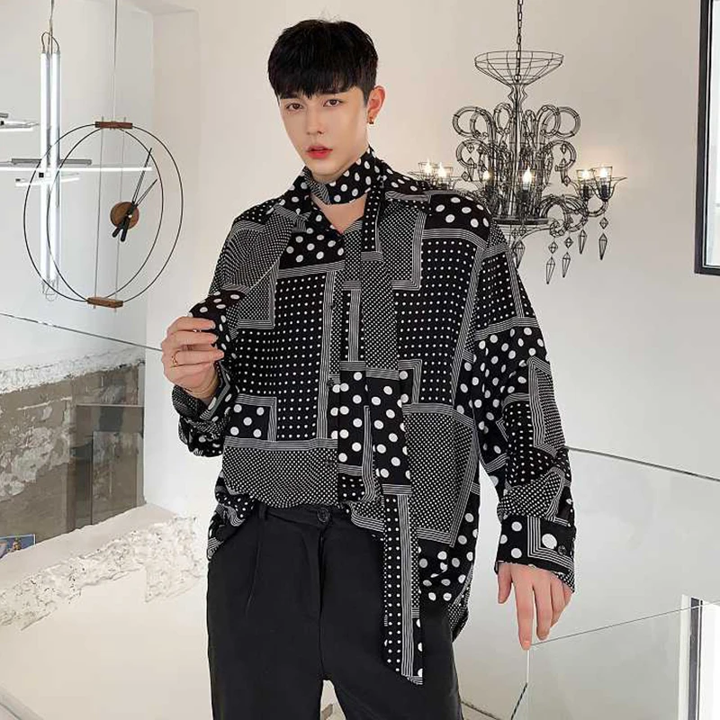 LUZHEN Shirt Design Wave Dot Long Personalized Sleeved Trendy Irregular Pattern Patchwork Original Men's Casual Tops LZ8758