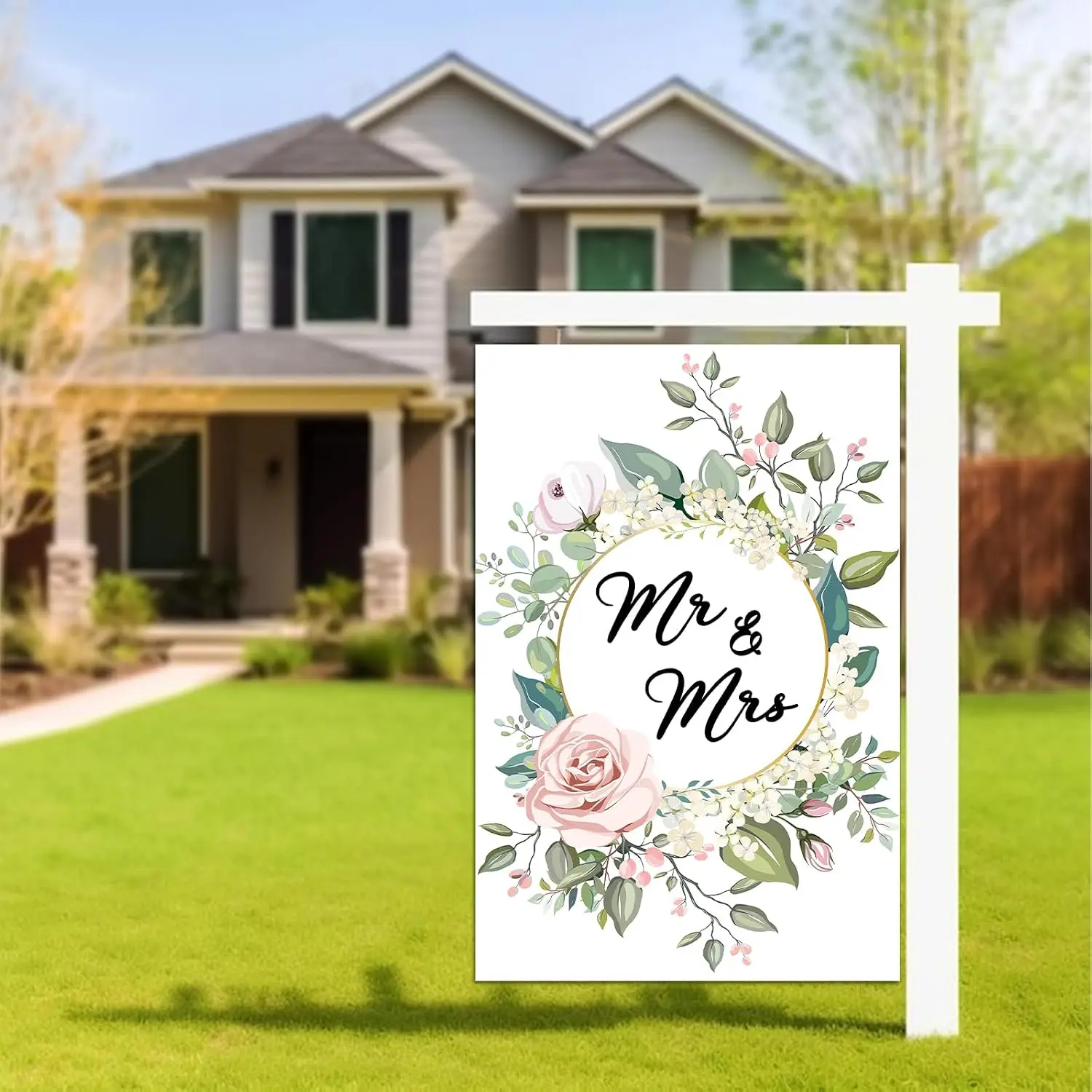 Mr and Mrs Wedding Garden Flag Double Sided Flowers Bridal Shower Yard Flag for Bride Groom Married Anniversary Party Decora uui