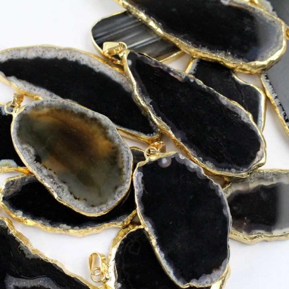 60*40mm Irregular Agate Geode Handmade Plated Gold Edged Druzy Agate Pendant DIY Jewelry Making Polished Crystal Slice