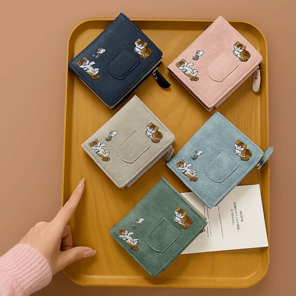 Cartera de gato bordada de estilo coreano portátil, monedero ultrafino, tarjetero, bolso de mano corto, tarjetero de cuero PU para viaje