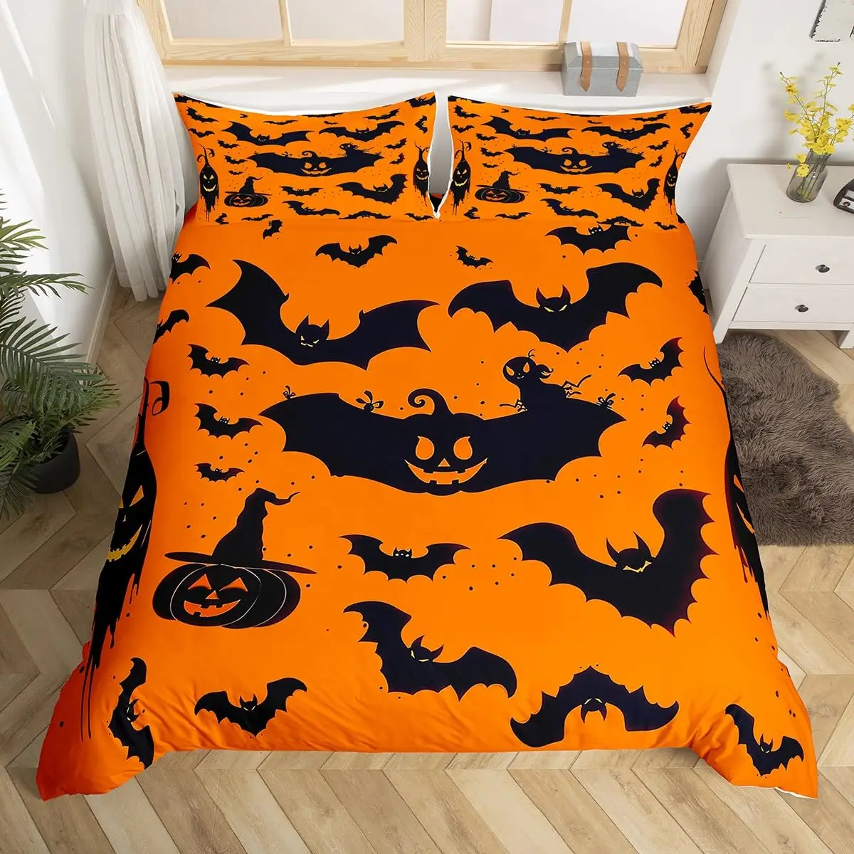

Bat Print Duvet Cover Twin Queen Halloween Bedding Set for Boys Girls Children Rainbow Comforter Cover Gradient Style Room Decor