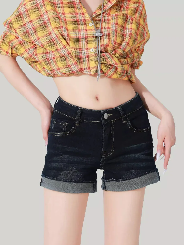Retro American Deep Blue Straight Leg Denim Shorts Women's Summer Low Waist Sexy Spicy Girl Cuffed Super Short Pants