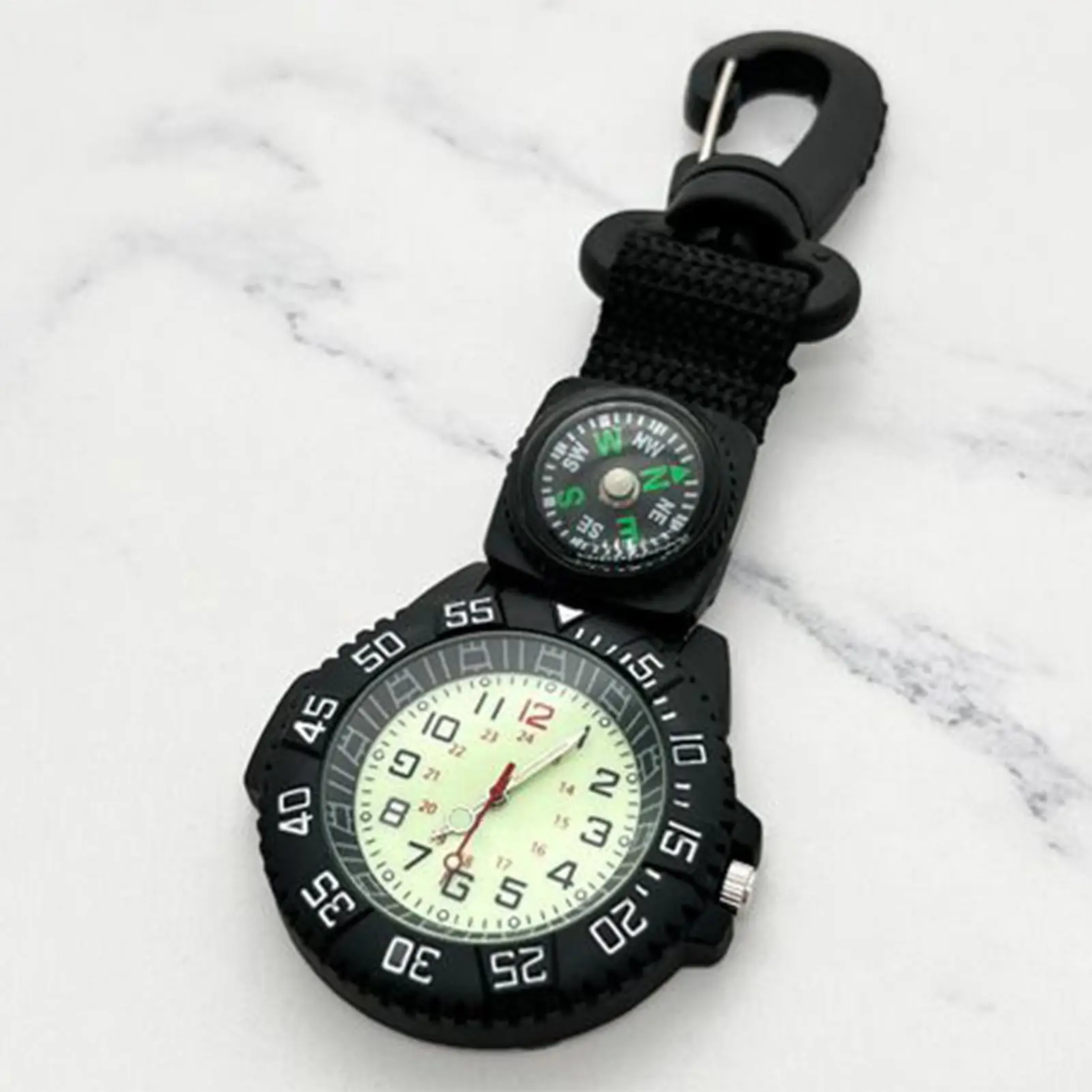Waterproof Glow Compass Watch with Carabiner Quartz Pocket Watch for Camping Hiking Hunting Swimming Outdoor Survival