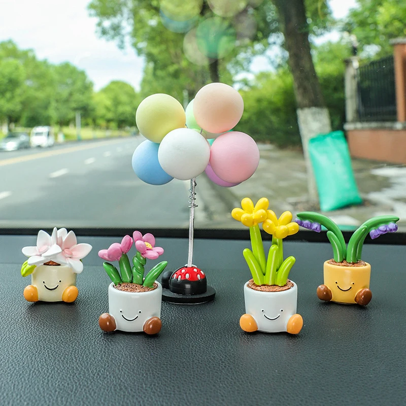 New Cute Cartoon Flower Pot Car Dashboard Ornament Car Interior Center Console Small Resin Car Interior Accessories 1PC