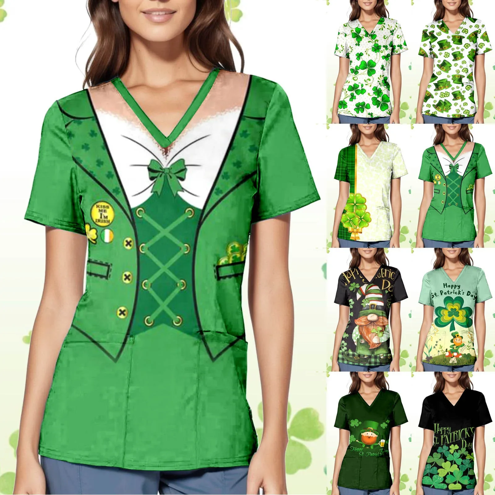 St Pat\'s Scrubs Medical Uniforms Workwear Women Casual V Neck Short Sleeve Tops Blouse Printed Working Nursing Uniform