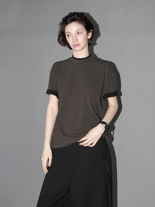 Fashion Curled Edge Fake Two Short Sleeved Women'S Summer Design Layered Basic Color Blocked T-Shirt