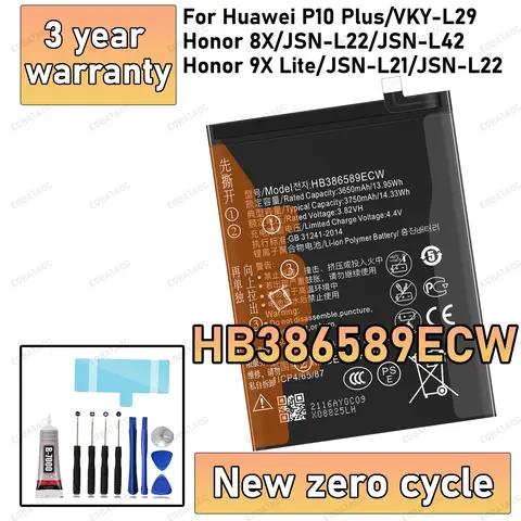 100% New High Quanlity HB386589ECW Battery For HUAWEI P10 PLUS/VKY-L29/HONOR 8X/JSN-L42/HONOR 9X LITE Replacement batteria+Free