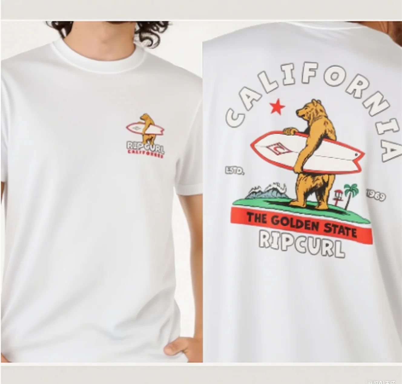 

100% Cotton Beige Tee. Front: Tiny Sun-flower Logo. Back: Bold “Rip Curl” with Retro Wave Art, Sun Rays, and Floral Details