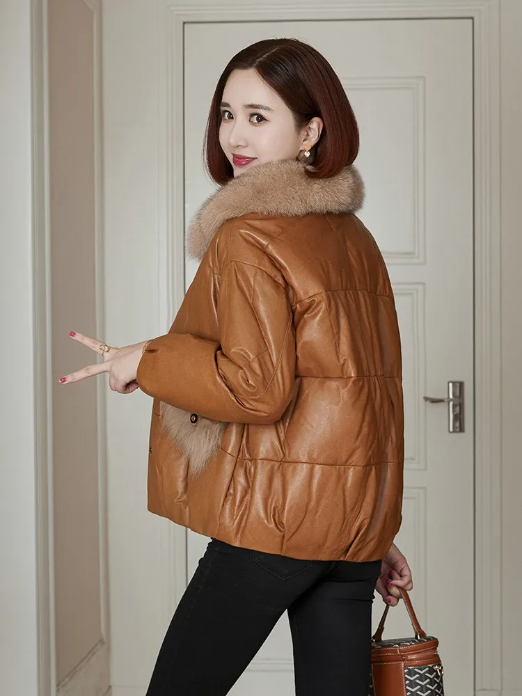 Winter Women Genuine Leather Down Coat Fox Fur Collar Loose Fit Casual Jacket Thicken Warm Short Style Lady Sheepskin Outerwear