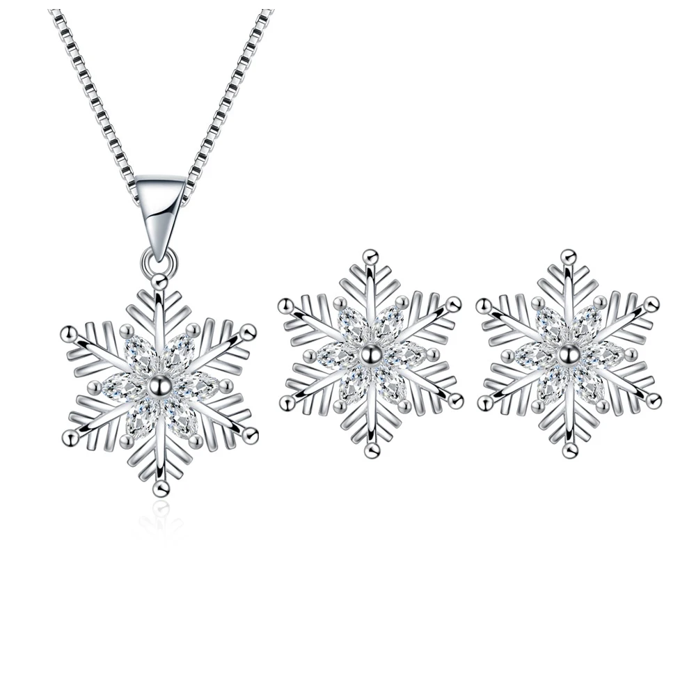 Qualified Snowflake Women S925 Sterling Silver Jewelry Set Zircon CZ Crystal Pendant Necklace Earrings Party Gift