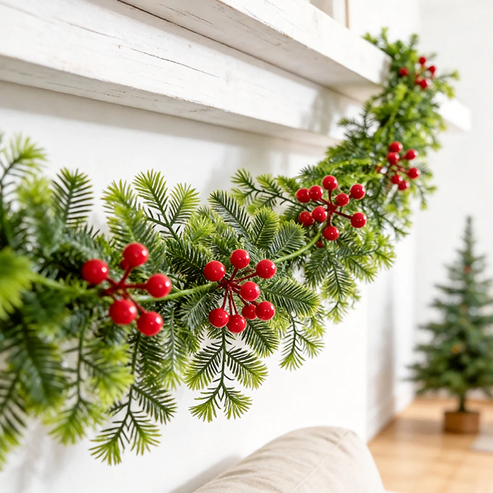 175cm Artificial Christmas Pine Vines Fake Hanging Plants Rattan Faux Persian Garland With Red Fruits For Xmas Home Party Decor