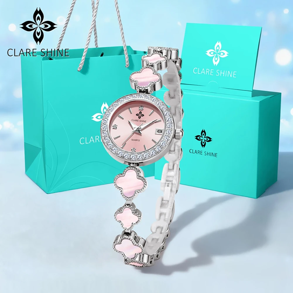 CLARE SHINE 7701 Woman Watch Imported Quartz Watch Waterproof Pearl Watch Chain Date Watches For Woman Bracelet Set Gifts Box