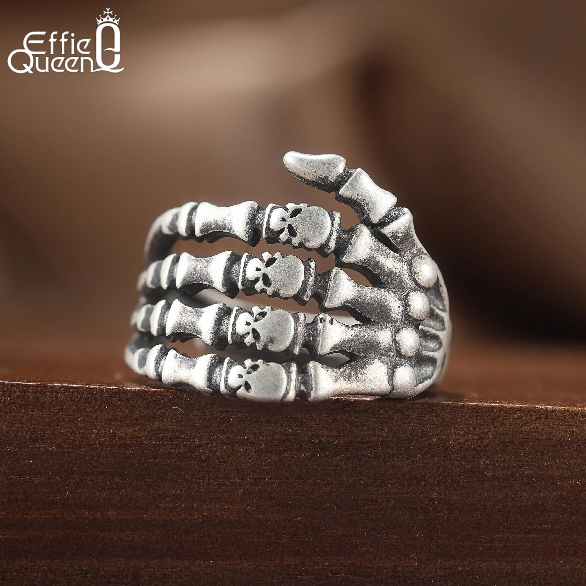 

Effie Queen Retro Trendy Skull Ring Adjustable 925 Sterling Silver Skull Ghost Ring Hip-hop Rock Halloween Party Jewelry NMR19