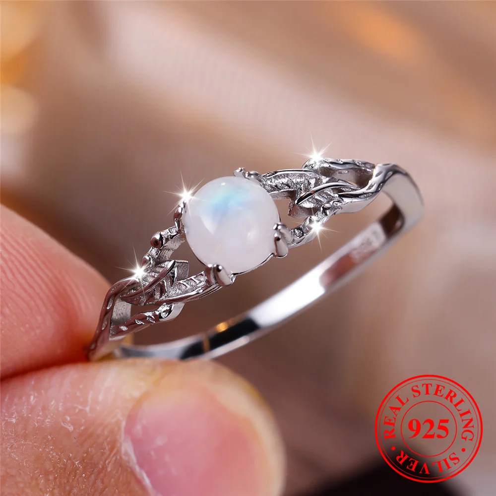 Cute Female Small Round Nature Moon Stone Round Ring Vintage Real 925 Sterling Silver Wedding Jewelry For Women