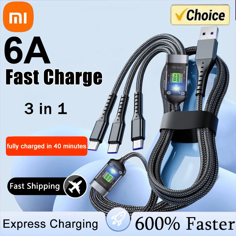 Xiaomi 3 In 1 100w Transparent Fast Charging Cable Type C Usb Micro For Iphone Samsung Huawei Xiaomi Pilot Lamp Charger Usb C 6A