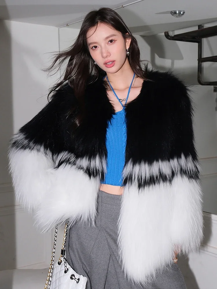 

Simple Mid-length Autumn Winter Women's Real Fur Coat 2024 New High-end Luxury Natural Raccoon Dog Fur Contrast Woven Jacket