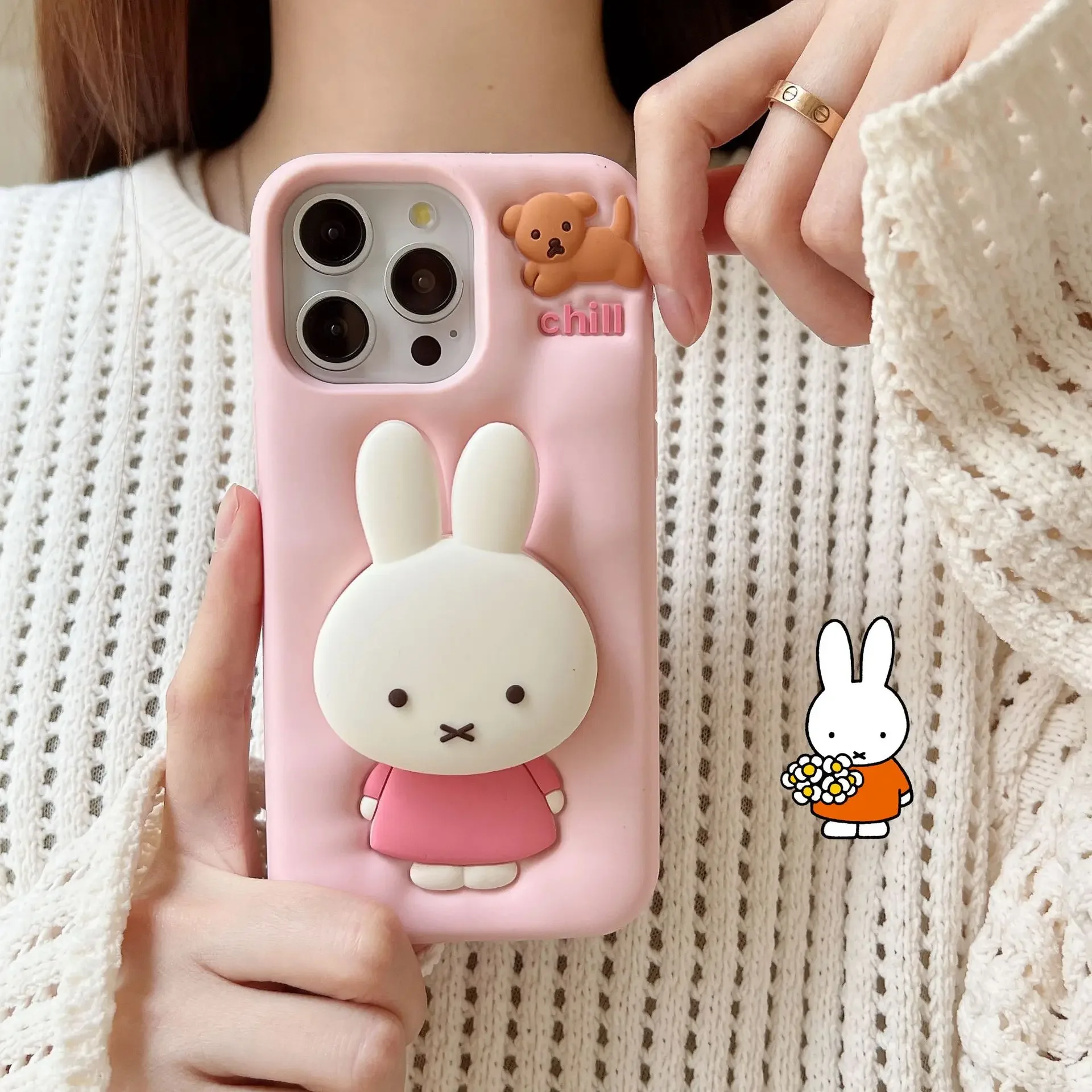 Kawaii Miffy Phone Case 12/13/14/15/16ProMax All Inclusive Silicone Soft with Bracket Shell Anti-drop Christmas Toy